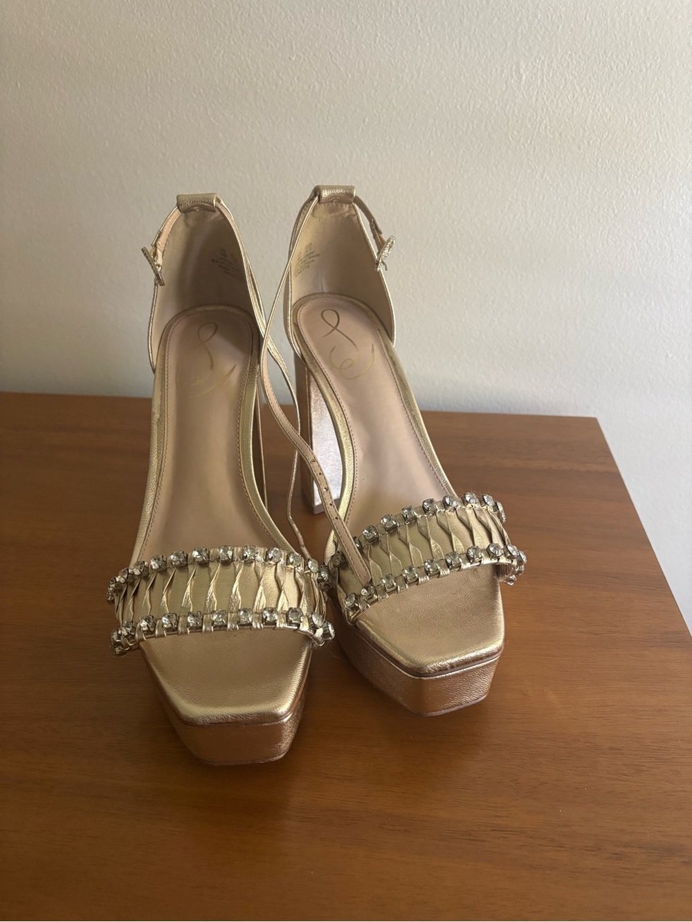 Sam Edelman Metallic Gold Crystal-Trim Platform Sandals